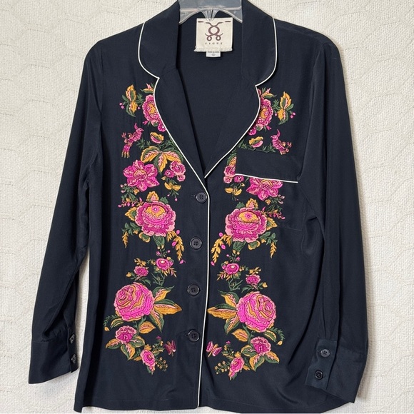 Figue Navy Embroidered Floral Blouse Small Luxurious Pajama Style - Picture 1 of 5